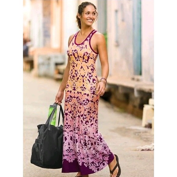 Athleta Dress XS Maxi Printed Tee Bra Pockets Casual Paisley Wicking Stretch - Picture 1 of 15